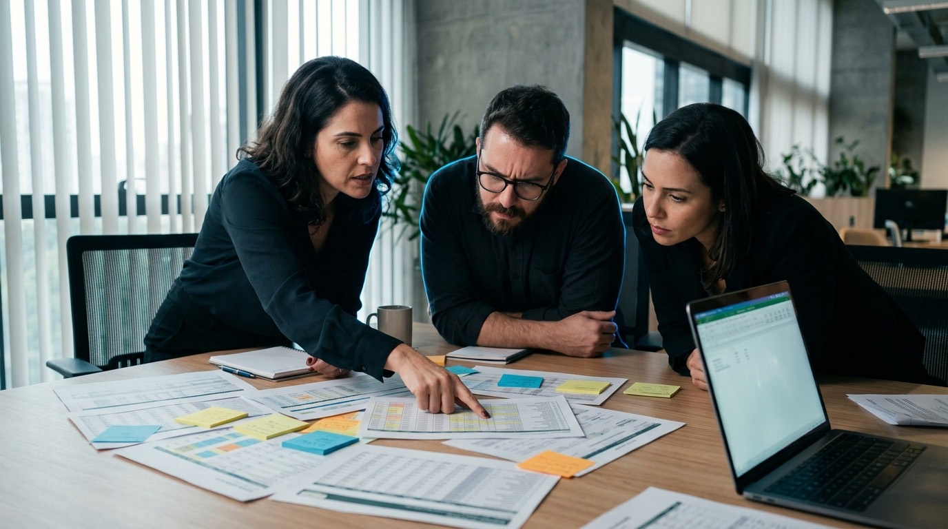 Três pessoas de uma equipe debruçadas sobre planilhas impressas, post-its e um notebook na mesa de reunião