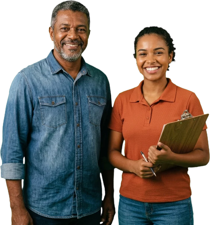 Dois cooperados lado a lado, um homem de camisa jeans e uma jovem com uma prancheta, sorrindo